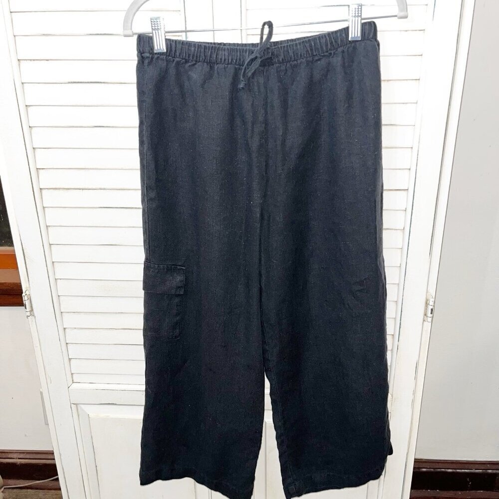 Chico’s 100% Linen Wide Leg Pants Black Women’s Sz 1 Med Ankle Pockets